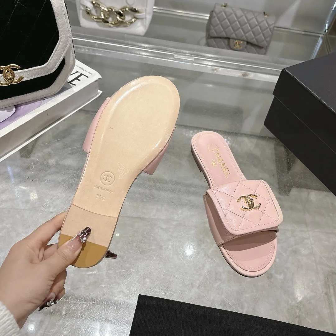 👟👟Ex-factory price 360👟👟 Genuine leather sole +40 Chanel Chanel 25C new women's double C schoolbag buckle flat sandals, fabric sheepskin, color: black: white: pink: apricot, code number: 5-40 (customized 41 42 43 customized non-returnable): rubber sole leather sole +40